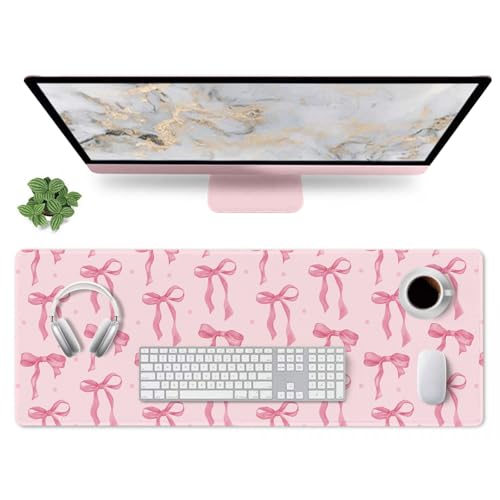 Pink Mouse Pad, Large Pink Desk Mat Bows Computer Mat, Gaming Keyboard and Mouse Pad Non-Slip Rubber Base, Stitched Edge, Cute Girly Office Supplies Desk Accessories Decor for Women 31.5 x 11.8in - color: Dark Pink, size: 31.5" x 11.8"