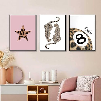 Set of 3 Preppy Cheetah Wall Art Trendy Pink Leopard Canvas Prints Star Lucky 8 Ball Posters Aesthetic Wall Decor Pictures for Girly Bedroom Apartment Dorm Unframed 12x16in