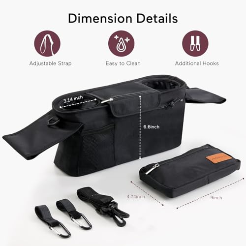 Momcozy Universal Stroller Organizer with Insulated Cup Holder Detachable Phone Bag & Shoulder Strap, Fits for Stroller Like Uppababy, Baby Jogger, Britax, BOB, Umbrella and Pet Stroller - color: Black