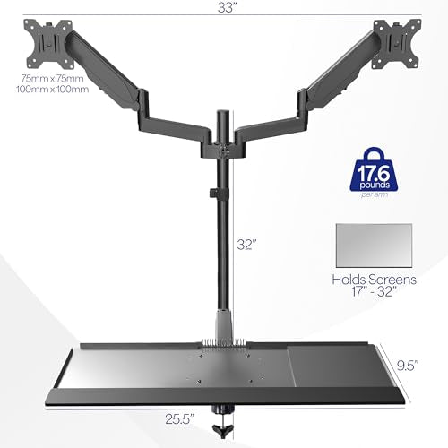 VIVO Black Dual Monitor Sit-Stand Height Adjustable Workstation, Standing Desk Mount with Pneumatic Spring, Holds 2 Screens up to 32 inches STAND-SIT2B - size: Desk Mount - Dual