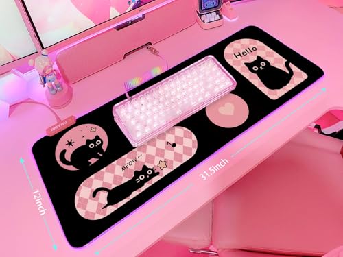 JMIYAV Pink RGB Gaming Mouse Pad 31.5x12 Inch PC XL Large Extended Glowing Led Light Up Desk Pad Non-Slip Rubber Base Computer Cute Mousepad Mat Desk Accessories Gaming Setup Hello Cat - color: Hello Cat