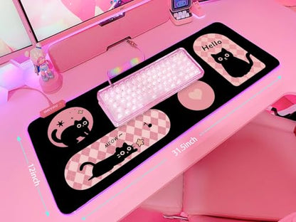 JMIYAV Pink RGB Gaming Mouse Pad 31.5x12 Inch PC XL Large Extended Glowing Led Light Up Desk Pad Non-Slip Rubber Base Computer Cute Mousepad Mat Desk Accessories Gaming Setup Hello Cat - color: Hello Cat