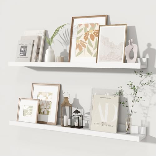 Fun Memories Picture Ledge Shelves Set of 2, 32 Inch Rustic Wall Mounted Floating Shelves with Lip for Home Storage and Décor in Bathroom, Kitchen, Nursery, Bedroom, Living Room, White - color: White, size: 32 inch, Set of 2
