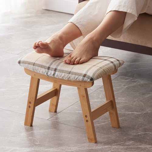Kitsanery Foot Stool,Ottoman,Bamboo Small Sofa Foot Rest Under Desk,Extra Seating for Living Room, Bedroom and Kitchen (Natural Stool Legs - Stripes Surface) - color: Natural Stool Legs - Stripes Surface