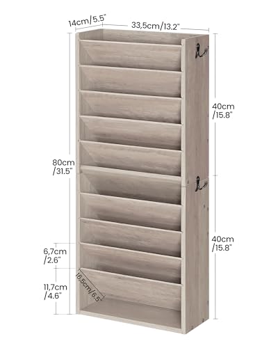 CHOEZON Wall File Organizer, 10-Tier Hanging Mail Organizer, Wall Mount File Holder with 4 Side Hooks, Industrial Mail and Storage Organizer, Wooden Vertical Hanging Holder for Office, Greige MWJ03FH - color: Greige, size: 10-Tier