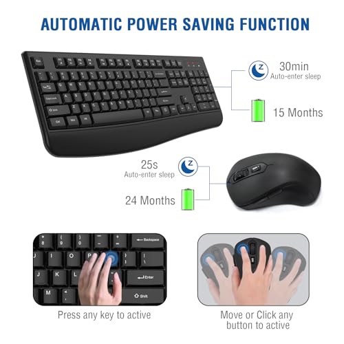 Wireless Keyboard and Mouse Combo, EDJO 2.4G Full-Sized Ergonomic Computer Keyboard with Wrist Rest and 3 Level DPI Adjustable Wireless Mouse for Windows, Mac OS Desktop/Laptop/PC - color: Black