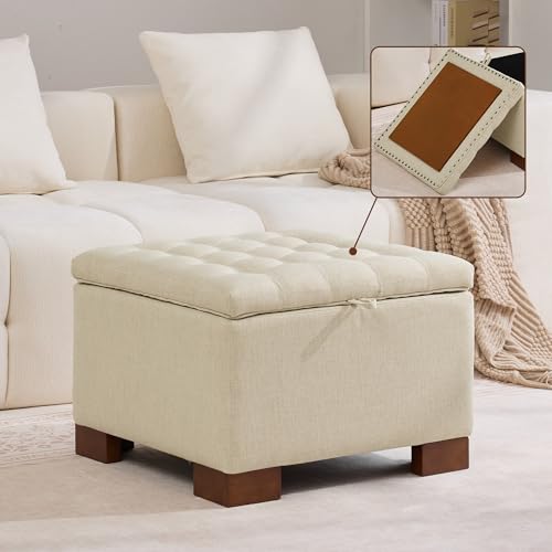 WUTUTUEE 24" Fabric Square Storage Ottoman with Wooden Tray, Modern Tufted Button Footstool Coffee Table, Upholstered Small Ottoman for Living Room, Bedroom, Khaki - color: Khaki, size: 24 Inch