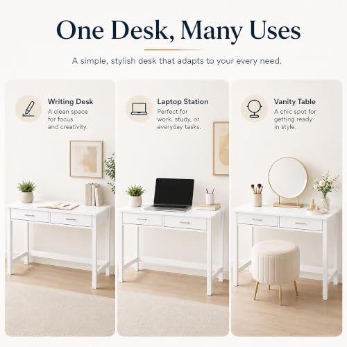 4NM 39.4" Small Desk with Wood Drawers, Home Office Computer Desk with Wooden Legs, Study Writing Table Vanity Desk for Small Spaces - White - color: White