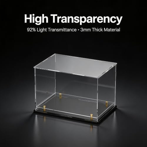 Acrylic Display Case for Collectibles, Dustproof Acrylic Box with Clear Display Elevation & Gold Risers, Large Display Case for Figures Toys Memorabilia, 13" L x 9" W x 9" H - size: 13"L x 9"W x 9"H
