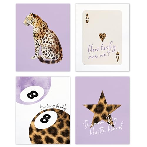 TLESKE Purple Preppy Cheetah Leopard Posters Prints Unframed 8x10 Set of 4, Trendy Lucky 8 Balls Wall Art Prints Decor for Teen Girls Dorm Bedroom Living Room, Retro Cheetah Print Wall Pictures - color: purple cheetah, size: 10L" x 8W"