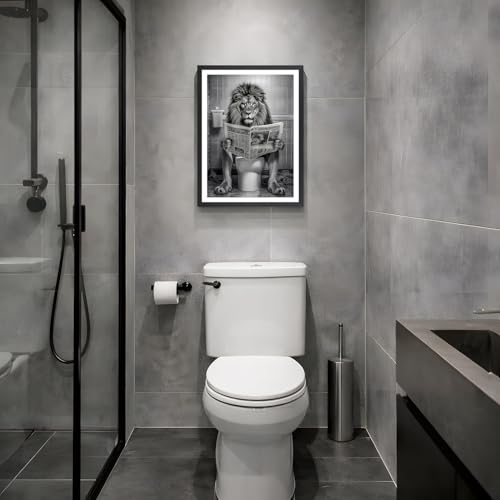LERVR Wood Framed Funny Lion Bathroom Wall Art, Lion Reading Newspaper Toilet Wall Decor, Black and White Bathroom Canvas Print, Whimsical Animal Aesthetic Picture for Powder Room Restroom 12x16 Inch - color: Lion, size: 16"L x 12"W
