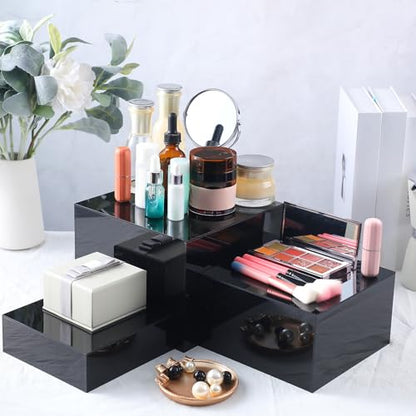 Set of 3 Acrylic Display Risers - 5 Sided Boxes With Hollow Bottoms, Nesting Cubes Display Stand Shelf for Cosmetic, Food, Collectibles, Jewelry, Figures Show (Black) - color: Black