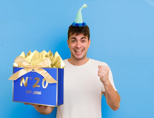 JWSCYSY 20th Blue Birthday Gift Bag with Card, Tissue Paper and Ribbon for Men Boys Birthday Party Favor, Presents Wrapping (12.6" EST 2006) - color: 20TH