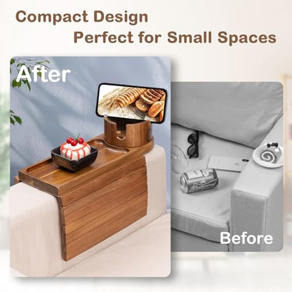 Couch Cup Holder for Armrests Over 4.9" Wide, Acacia Wood Couch Arm Tray with 360° Rotating Cup Holder, 3 in 1 Foldable Sofa Arm Tray Table for Remote, Snacks, Phone, Drinks - color: Acacia Wood