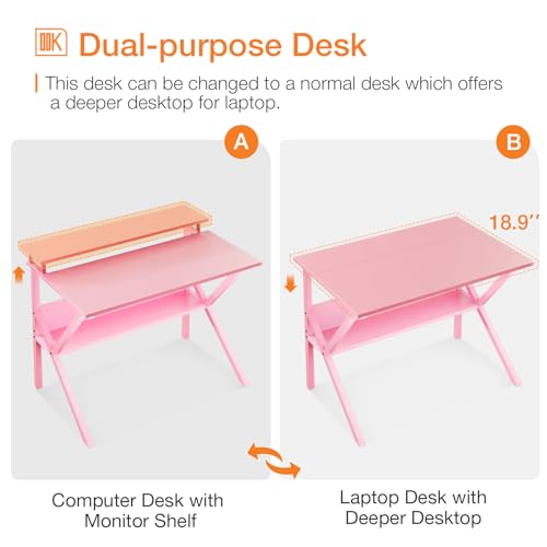 ODK Small Desk, 27.5 Inch Computer Desk for Small Spaces, Study Desk with Storage & Monitor Stand, Pink - color: Pink
