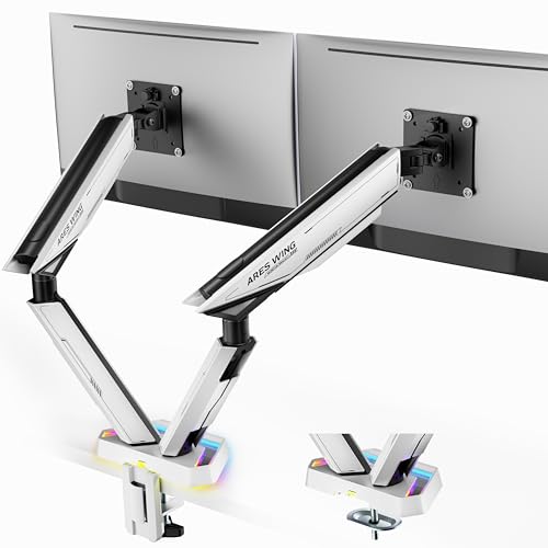 ARES WING RGB Dual Monitor Arm for 17-38" Ultrawide Screens, Holds 35.2lbs, Heavy Duty Dual Monitor Stand for Desk, Adjustable Double Monitor Mount with Clamp & Grommet Base, 75/100 VESA Mount, White - color: White
