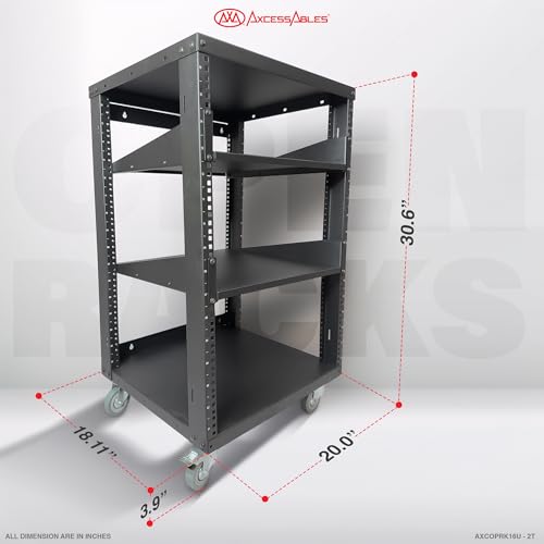 AxcessAbles 16U Open Frame Network & AV Rack with Caster Wheels, Two 2U Shelves, 10-32 & Cage Nut Compatible Rails, Cage Nuts, Screws, Cage Nut Tool & Wall Mount Kit | 19-Inch Equipment Rack - size: 16U - 2 Shelves