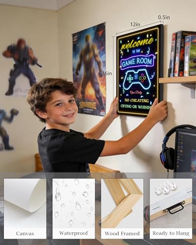 Video Game Decor for Teen Boys Gaming Wall Neon Sign Gamer Room Welcome Little Man Cave Teenage Bedroom Posters Decor Ready to Hang Set of 4, 12x16in (Framed) - size: 16L" x 12W" x 4 Panels