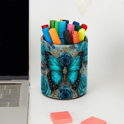 Navy Blue Butterfly Pen Holder Pencil Organizer for Desk, 3.1”x3.1”x3.9” Pencil Cup Office Supplies, Large Capacity Cute Pen and Makeup Brush Holder for School, Desktop - color: Navy Blue Butterfly