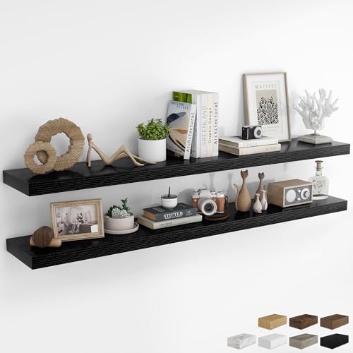 RICHFOCUS 72Inch Floating Shelves for Wall 2 Pack Shelves for Bedroom|Kitchen|Bathroom Wall Mounted Rustic Wood Floating Shelf with Invisible Brackets for Books|Storage|Decor, Black - color: Black, size: 72"L x 8"D, Set of 2