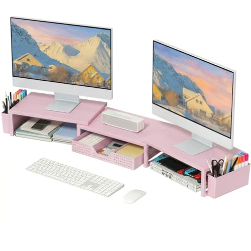 OPNICE Desk Organizers and Accessories, Dual Monitor Stand Riser with Drawer and 2 Pen Holders, Desk Shelf Metal Computer Racks for Office Workspace Organizers, Desktop Organization (Pink Metal) - color: Pink Metal