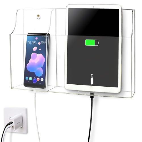 Yoillione Wall Mount Tablet and Phone Charging Stand for Tablet, Smartphone, E-Book, 2 Slots Remote Control Holder for TV, Clear Acrylic Remote Storage Media Organizer Box - Product 2.0 Size Upgrade