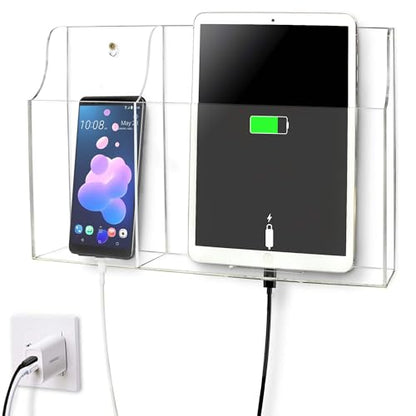 Yoillione Wall Mount Tablet and Phone Charging Stand for Tablet, Smartphone, E-Book, 2 Slots Remote Control Holder for TV, Clear Acrylic Remote Storage Media Organizer Box - Product 2.0 Size Upgrade