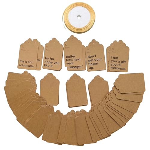 50Pcs Kraft Gift Tags with Golden Ribbon | 18 Unique Funny Sayings & 32 Blank Brown Paper Tags, for Christmas Birthday White Elephant - color: Brown Kraft Paper