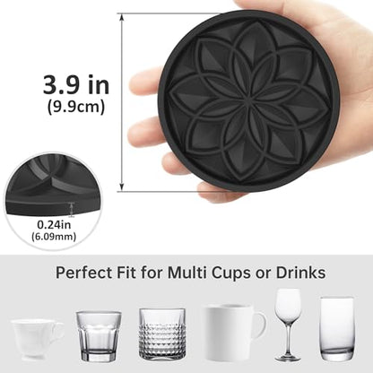 Drink Coasters Set of 6 Packs with Holder, HFHOME Round Black BPA Free Silicone with Non-Slip Bottom Fits Any Size Cup Mug or Glasses (Black) - color: Black