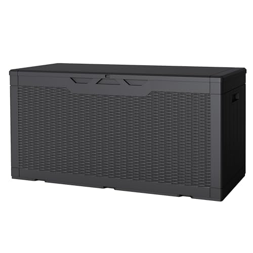 JUMMICO 100 Gallon Resin Deck Box, Waterproof Outdoor Storage Box with Lockable Lid for Garden Tools, Patio Cushions (Black) - color: Black, size: 100 gallon