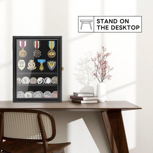 Military Challenge Coin Display Shadow Box Holds Up to 70 Coins, Lockable Wall-Mounted Cabinet for Medals, Pins, Patches & Ribbons, Removable Shelves, Pinnable Velvet Backing, UV Acrylic Door(Black) - size: L-5 Rows