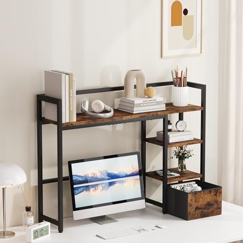 Marbrasse Desk Shelf with Drawer, 40" Desk Hutch for Computer Monitor, Wooden Desktop Bookshelf Storage Rack for Home Office Dorm - Dark Brown - color: Dark Brown