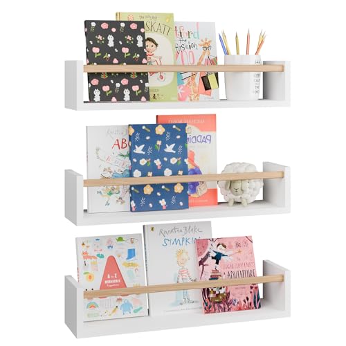 Fixwal Nursery Bookshelves, 16.5 Inch Floating Shelves for Wall Set of 3, Kids Bookshelf for Bedroom, Baby Nursery Decor (White and Natural) - color: White and Natural, size: 16.5inches