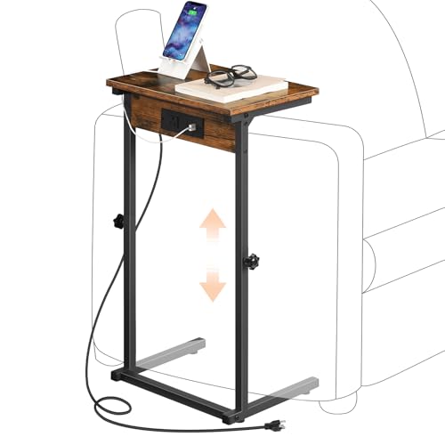 HOOBRO C-Shaped End Table with Charging Station, Adjustable Height Sofa Tray Side Table, Slide Under Couch Arm Table, Small C Side Table for Small Space in Living Room, Bedroom, Rustic Brown BF71USF01 - color: Rustic Brown + Black