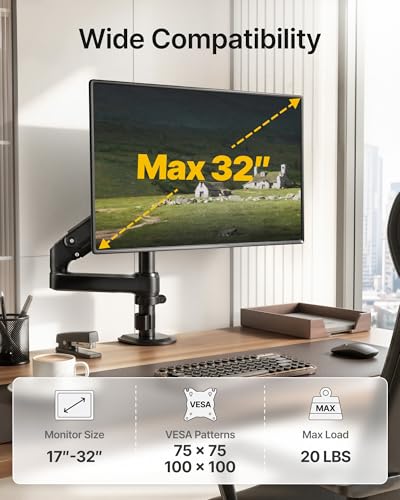 monTEK Tall Single Monitor Arm, Heavy Duty Adjustable Desk Mount for 17–32" Screens, Holds 19.8 lbs, 21 in Max Height, Full Motion Swivel & Tilt, VESA 75/100mm
