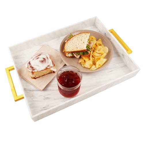 Acrylic Serving Tray with Gold Handles, 16" x 12" Decorative Tray for Coffee Table, Spill-Proof Server for Food and Drinks. Multipurpose for Kitchen, Countertop, Vanity, Ottoman, and Parties (Marble) - color: Marble