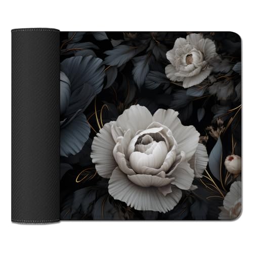 Black and White Mouse Pad,Floral Mouse Pad Desk Mat,Large Mousepad Aesthetic Mouse Pads Desk pad - Non-Slip Stitched Edges & Rubber Base for Office, Gaming Room, Computer, Laptop - color: black and white&floral