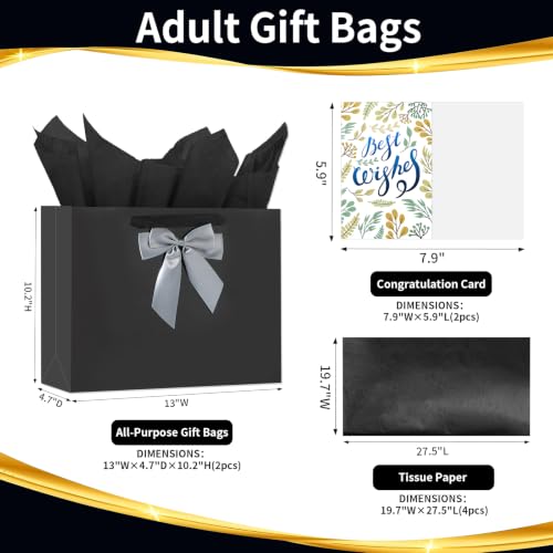 Powbrace Black Bags with Handles, 13" Medium Gift Bag Set - 2 Gift Bag with Bow, 4 Tissues & Greeting Card for Wedding Baby Shower Fathers Day Mothers Day Birthday Party - color: 2Pcs Black Glossy – General Purpose, size: 1 count (Pack of 1)