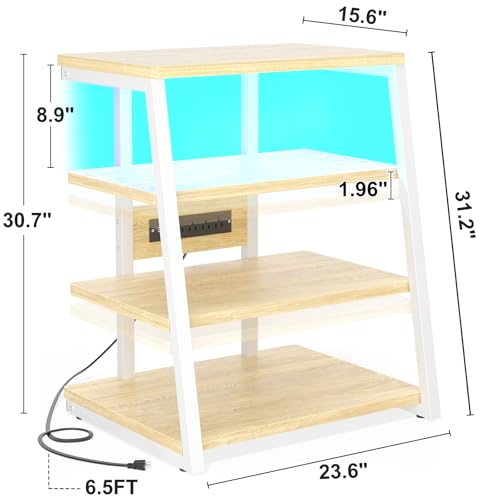 Besiost AV Media Stand with Outlets, Media Console with LED Lights, Stereo Racks and Stands with Storage Shelves, Media Audio Tower Cabinet, Natural Oak and White - color: Natural Oak and White