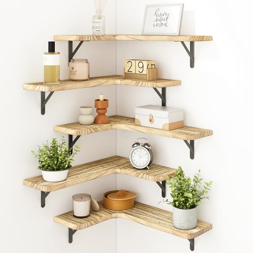 Fixwal Floating Shelves for Wall Set of 5, Rustic Wood Wall Mounted Corner Shelf for Bathroom, Kitchen, Bedroom, Home Decor, Laundry Room, Living Room (Carbonized Black) - color: 1-carbonized Black