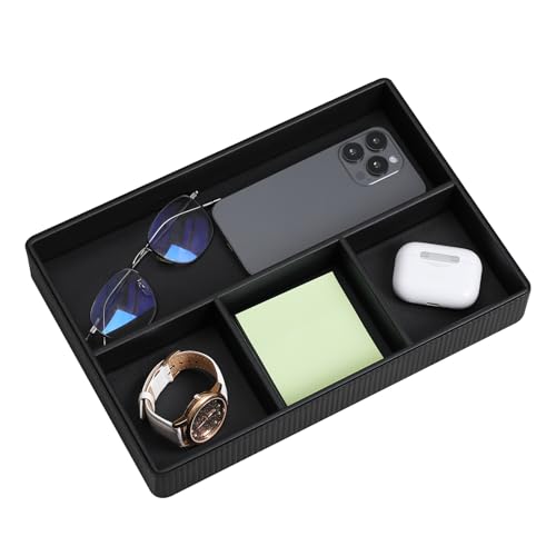 PU Leather Valet Tray, Decorative Trinket Vanity Desk Drawer Organizer Tray, Perfume Dish Catch All Bowl for Keys, Nightstand Drawer Organizer Women Men with 4 Compartments (Black) - color: Black