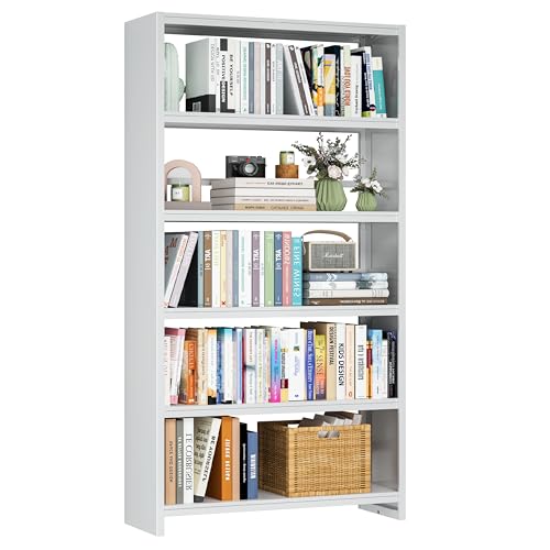 5 Tiers Metal White Bookshelf - 69.3" Tall Bookcase, Display Storage Shelves with Bookend, Heavy Duty Steel Bookshelves for Living Room, Bedroom, Study (White) - color: White-5 Tier