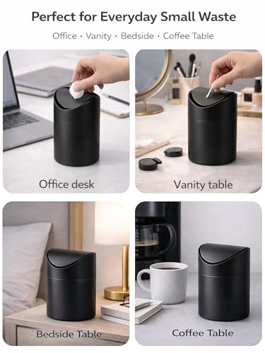 Small Mini Trash Can with Lid, Matte Black Tabletop Garbage Can, Tiny Countertop Trash Can for Coffee Bar & Office Desk, Premium Metal Swing Top Waste Bin for Makeup Vanity, 1.5 L/0.40 Gal (Black) - color: Black