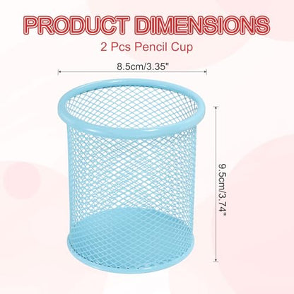 uxcell 2Pcs Mesh Pencil Holder, Metal Pen Cup Desk Organizer Makeup Brush Cup Holder for Home, Office, Classroom(Light Blue) - color: Light Blue
