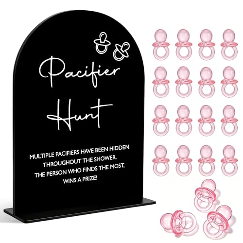 Pacifier Hunt Sign for Baby Shower Games, Baby Shower Table Decorations, Gender Reveal Party Table Top Decorations, Newborn Announcement Party Favors, Black Arch Acrylic Sign and 50 Pcs Pacifiers, 39 - color: Pacifier Hunt02