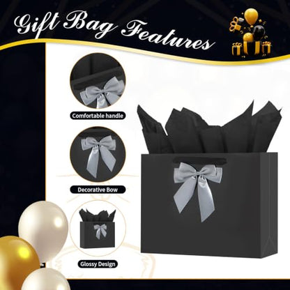 Powbrace Black Bags with Handles, 13" Medium Gift Bag Set - 2 Gift Bag with Bow, 4 Tissues & Greeting Card for Wedding Baby Shower Fathers Day Mothers Day Birthday Party - color: 2Pcs Black Glossy – General Purpose, size: 1 count (Pack of 1)