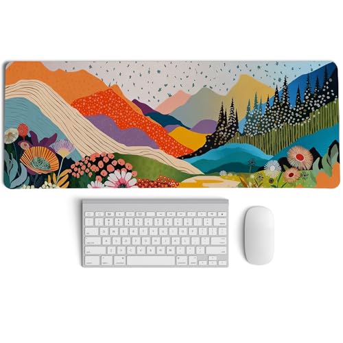 Abstract Colorful Boho Mountain Wildflower Mouse Pad,Aesthetic Nature Landscape Desk Mat,Spring Summer Botanical Forest Mousepad for Home Office Dorm Desktop Decor,31.5x11.8 Inch - color: Nature colarful XL