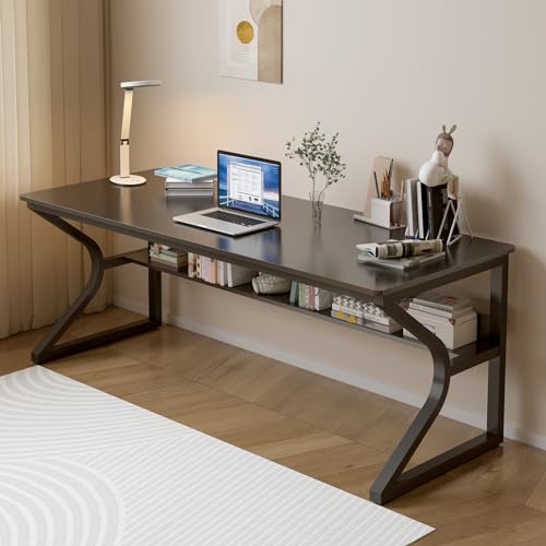 OSCHF Extra Long Desk with Bookshelf - 63" Double Long Writing Table for 2-Person Workstation, Modern Study Work Computer Desk for Home and Office, Black - color: Black, size: 63x23.6 inch