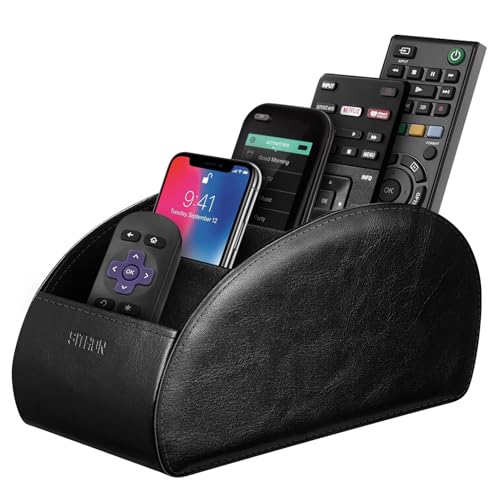 SITHON Remote Control Holder with 5 Compartments – [Upgrade Version] PU Leather Remote Caddy Desktop Organizer Store TV, DVD, Blu-Ray, Media Player, Smart Phones, Heater Controllers (Black) - color: Black, size: Large