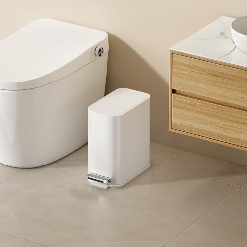 TIPGO Small Bathroom Trash Can with Lid Soft Close, Step Pedal, 1.3 Gallon / 5 Liter Stainless Steel Slim Garbage Can for Office, Diaper Waste Basket with Removable Inner Bucket (White) - color: White